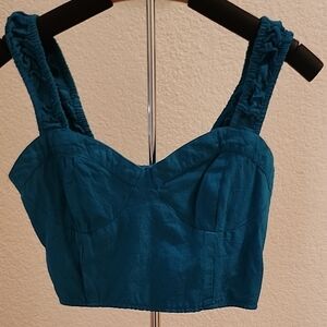 Y2K Linen look lined Cami Crop Top, Ruched Straps and Back. EUC